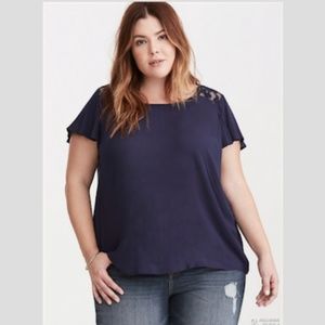 Torrid Navy Blue Lace Back Key Hole Crepe Blouse